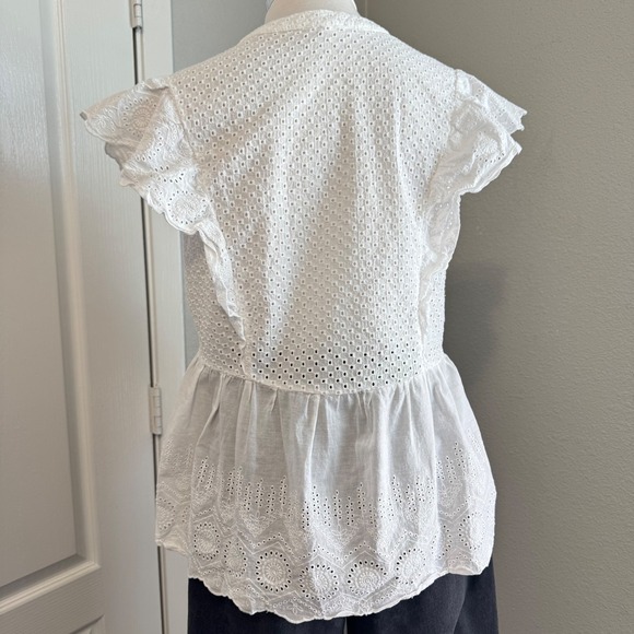 Blu‎ Pepper White Eyelet Ruffle Sleeve Peplum Top Blouse - M - Picture 4 of 6